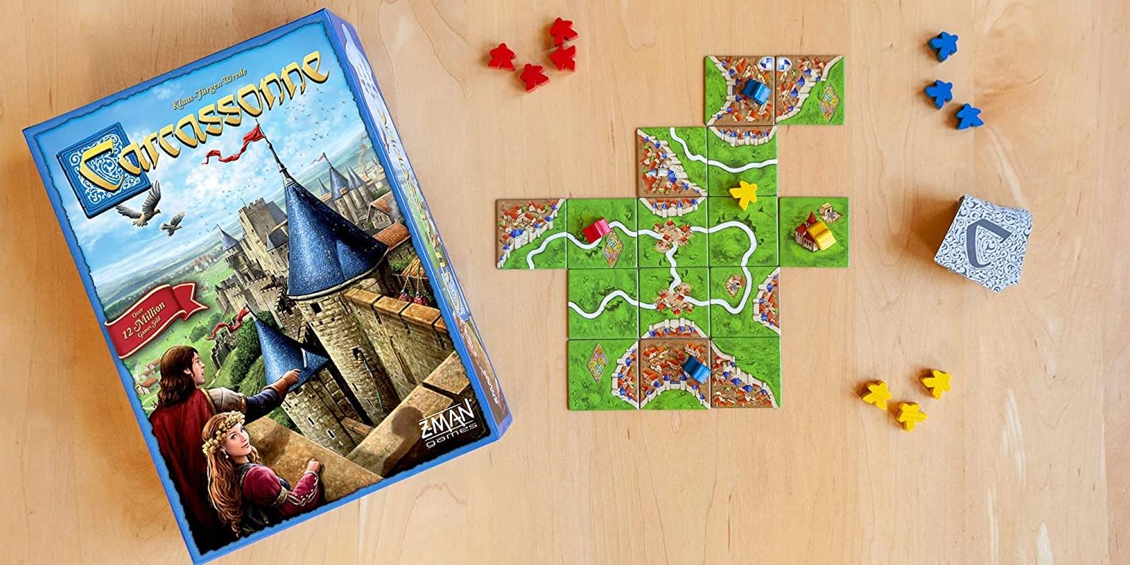 Some of the components of Carcassone board game.