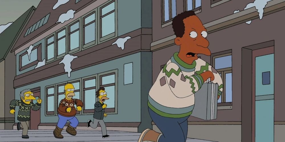 Carl Carlson running away from Lenny, Homer, and Moe in the Simpsons