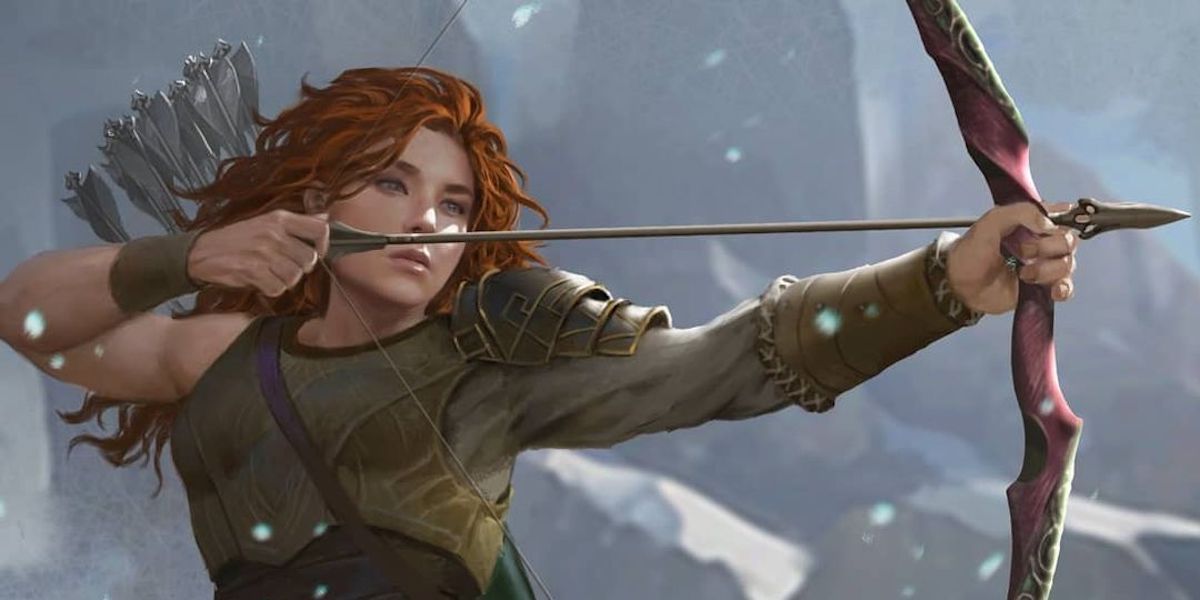 Catti Brie, a redheaded archer with long hair and an arrow nocked in her bow.