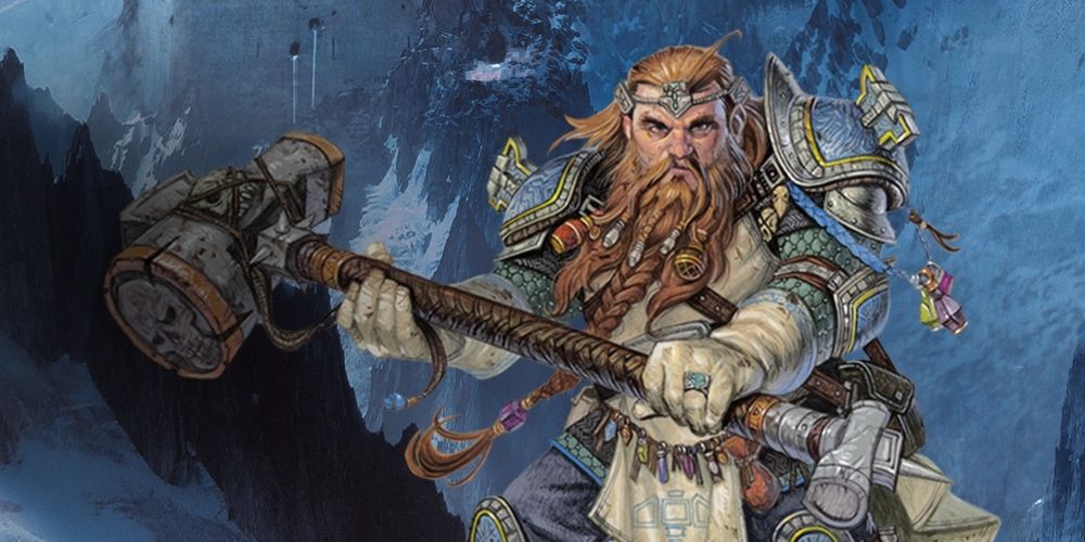 Um Dwarven Cleric em DnD brandindo um martelo gigante