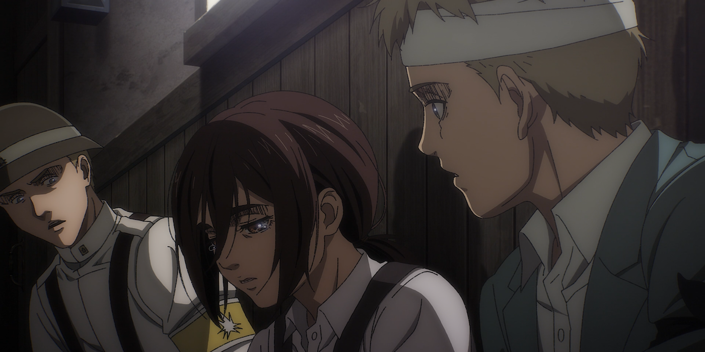 Colt, Gabi, and Falco take cover in the war between Marley and Paradis in Attack on Titan