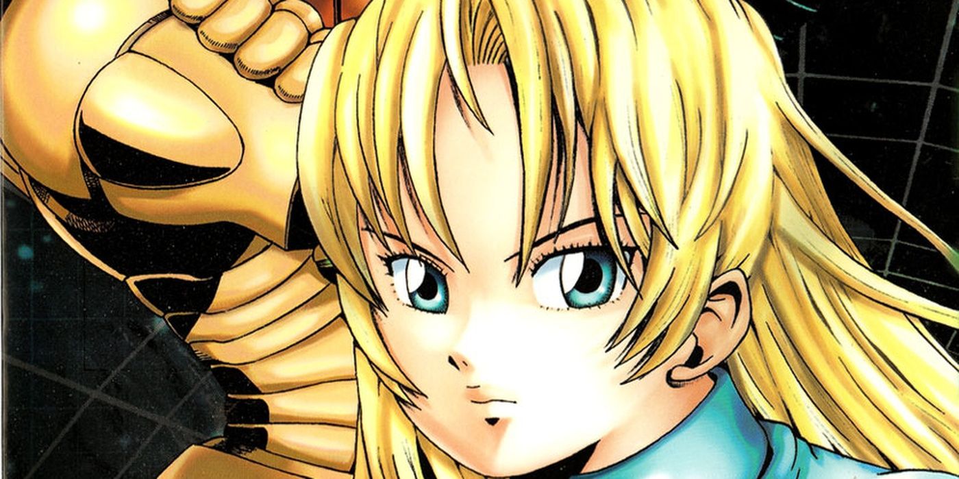 Cover to the Metroid Manga with Samus staring in space with the Power Suit behind her