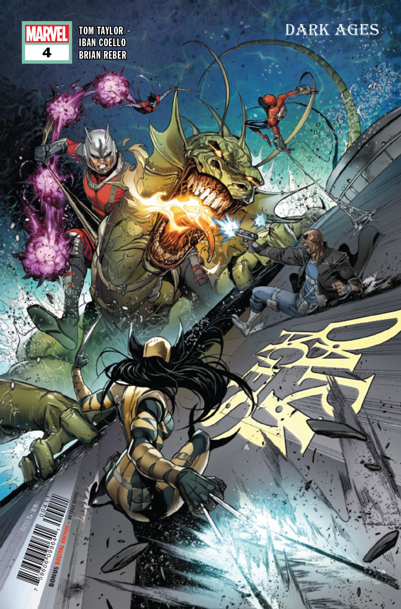Wolverine (X-23), Ant-Man, Spider-Man and Nick Fury fight Fin Fang Foom. 