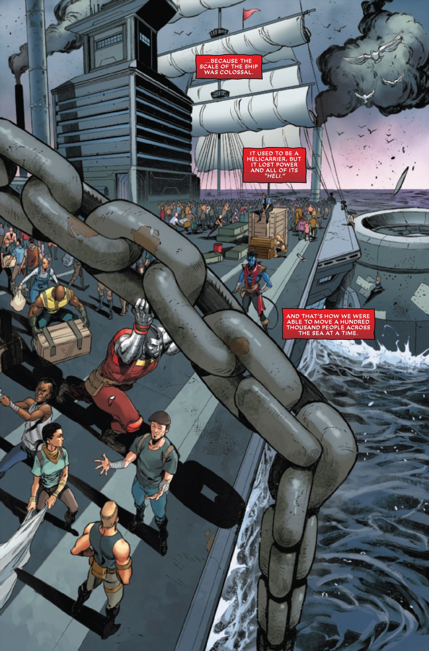 The helicarrier can no longer fly, but is used as a boat for European refugees.