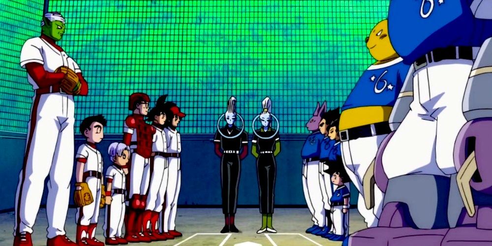 Universes 6 and 7 square off for a baseball game in Dragon Ball Super