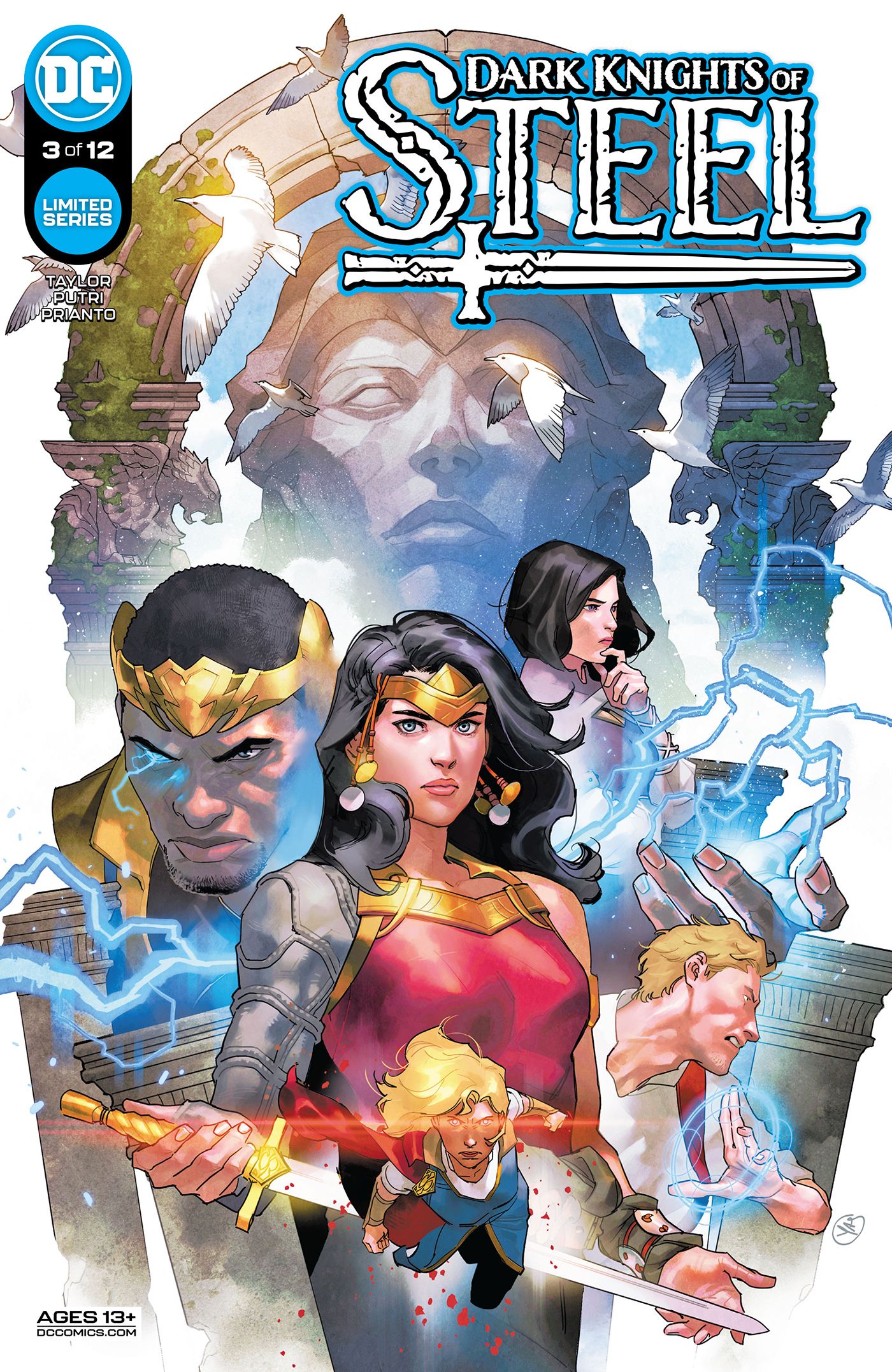 The main cover for Dark Knights of Steel #3 features Black Lightning, Wonder Woman, Lois Lane, John Constantine and Supergirl.