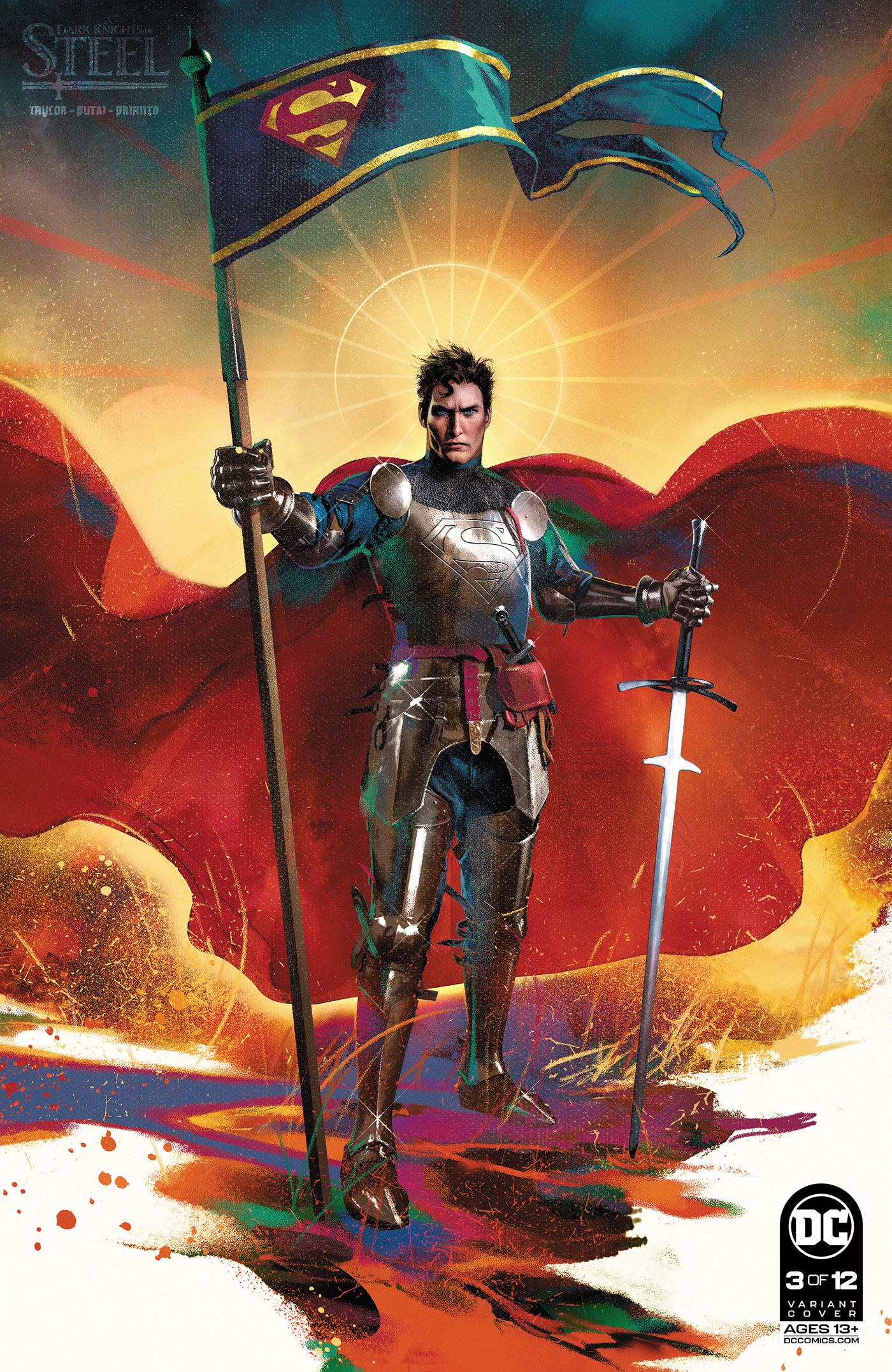 Kal-El (Superman) wears knight armor on a variant cover for Dark Knights of Steel #3.