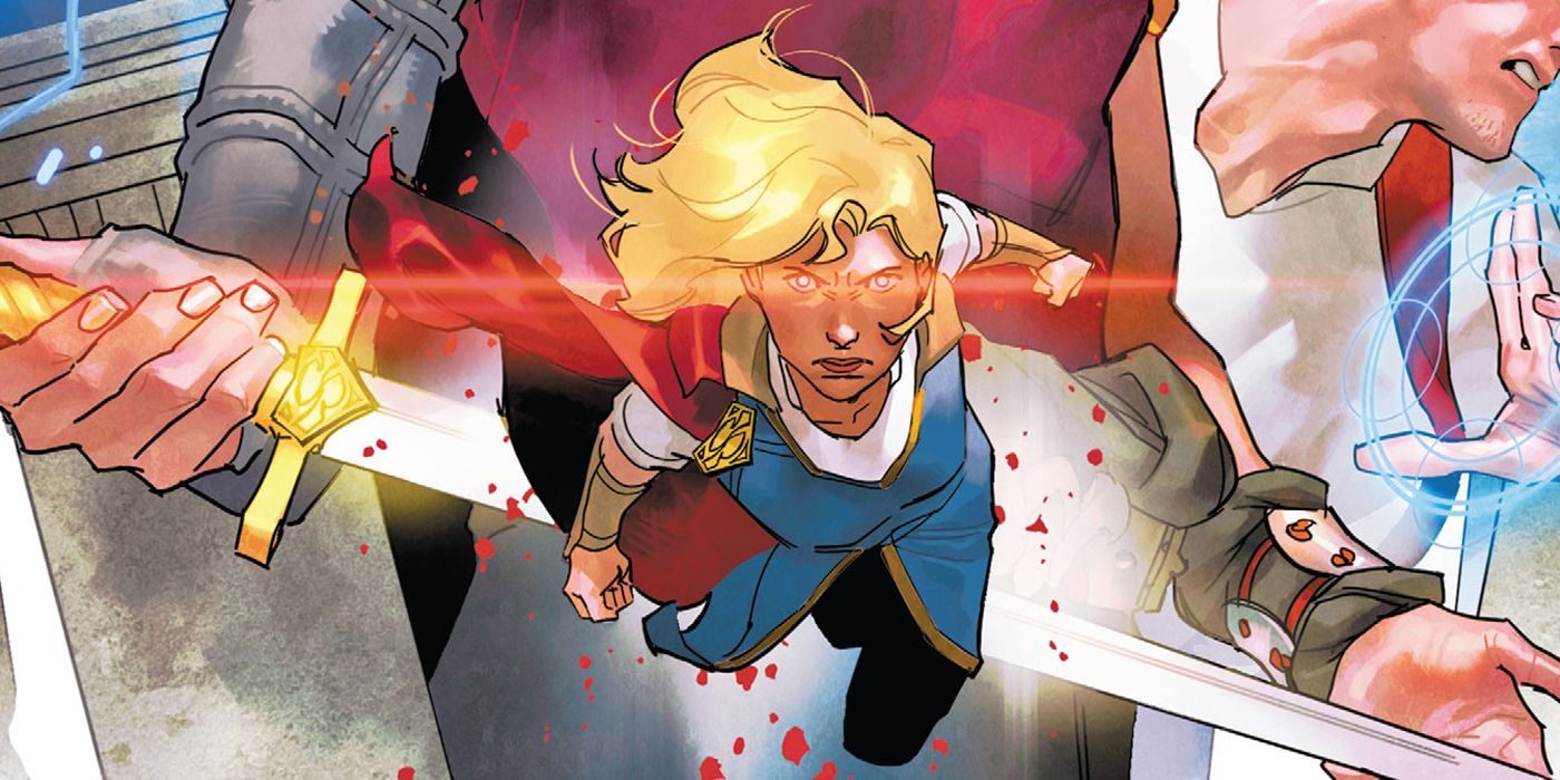 Supergirl flies on the cover for Dark Knights of Steel with red eyes and blood splatter around her.