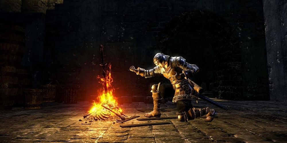 The Chosen Undead rests at a bonfire in Dark Souls