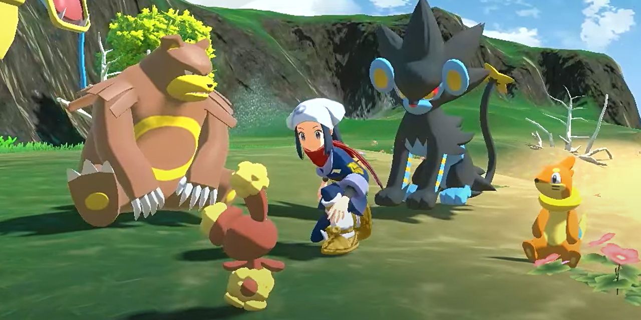Dawn crouches down to greet some Pokémon in Pokémon Legends: Arceus