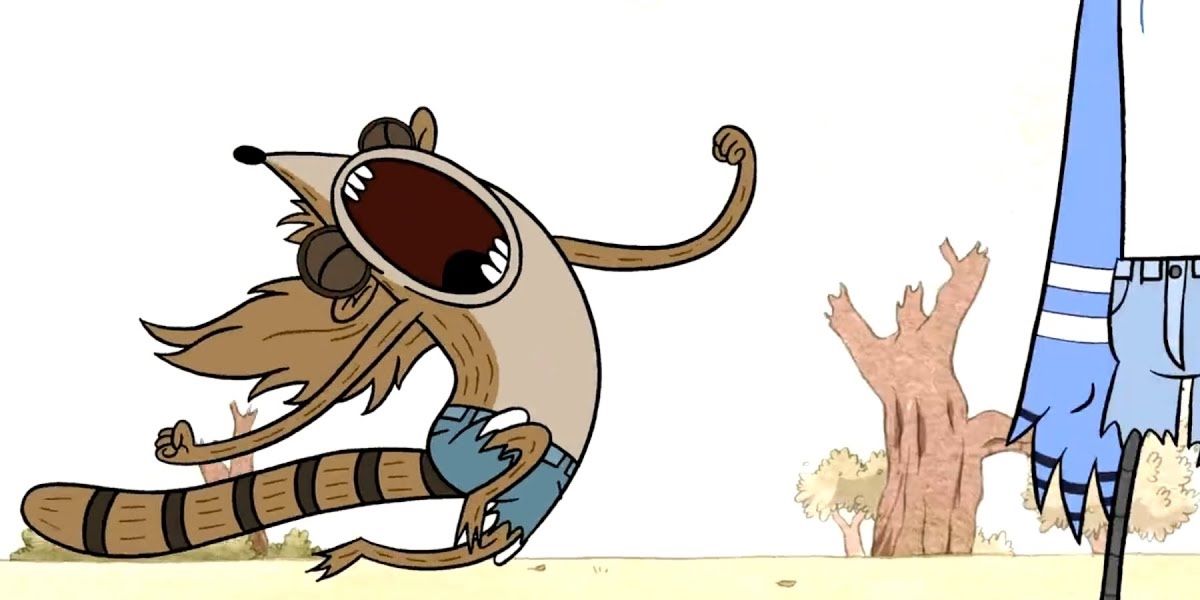 Rigby screaming and running to Mordecai