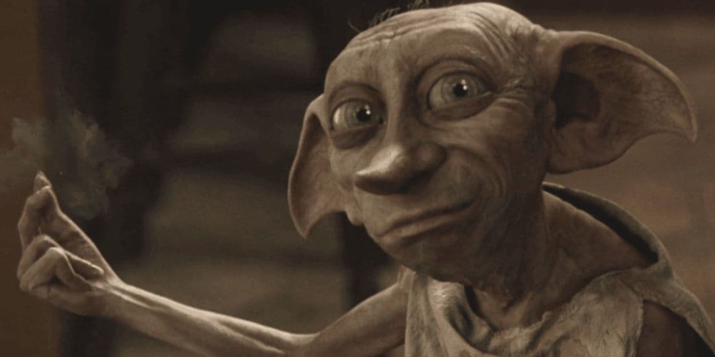 Dobby looking over at something in the Harry Potter movies