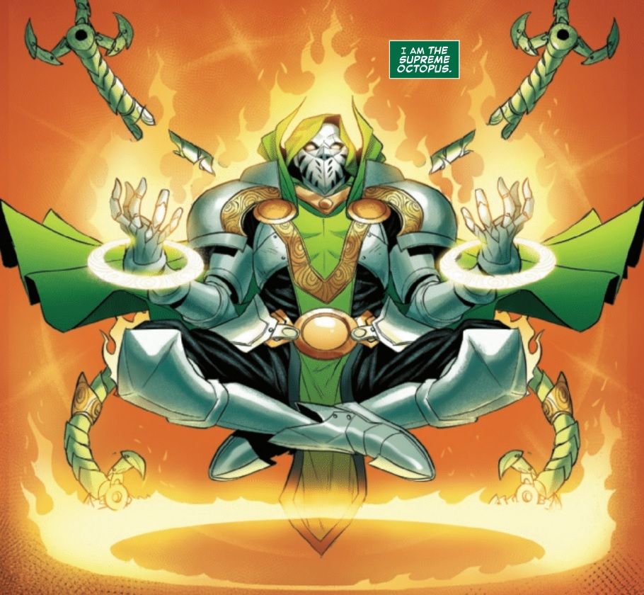 Doctor Octopus as a fusion of Doctor Strange and Doctor Doom in art for Daredevil's event Devil's Reign Superior Four 1 by Davide Tinto
