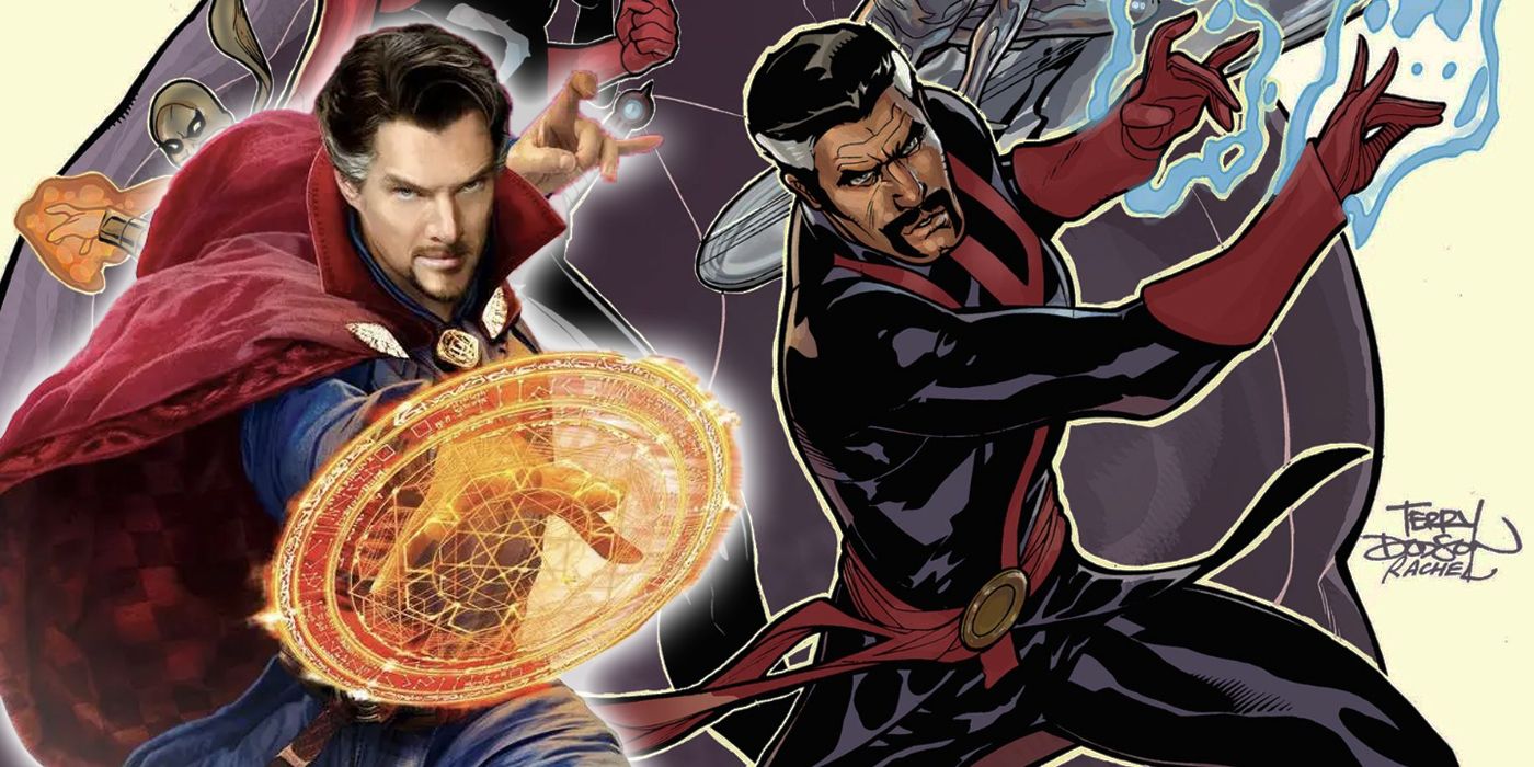 Doctor Strange's new MCU suit alongside the cover to Defenders #1 from 2011.