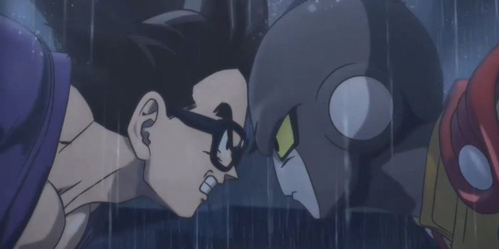 Gohan e Gamma 1 se enfrentam durante a batalha em Dragon Ball Super: Super Hero.