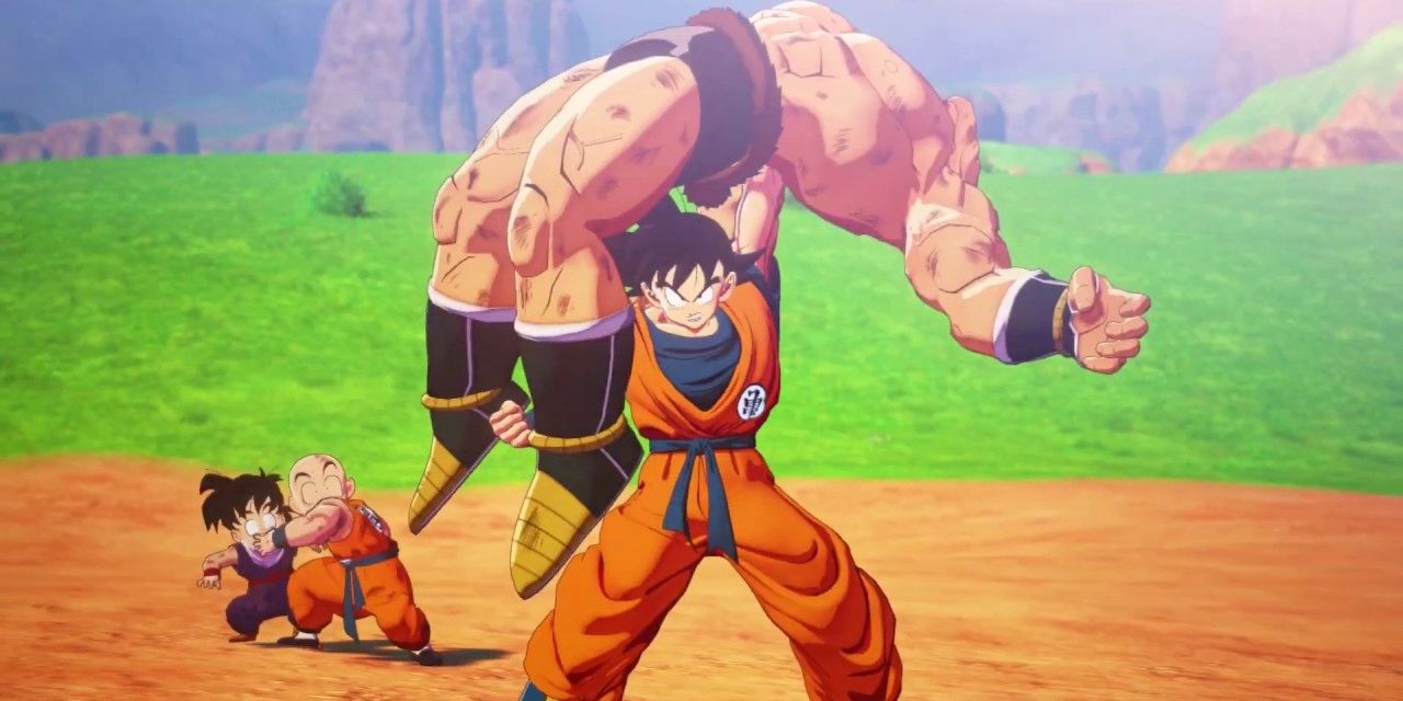 Screenshot of Goku lifting a defeated opponent, as seen in Dragon Ball Z: Kakarot.