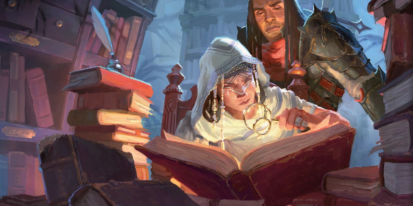 A pair of adventurers studying a tome in DnD
