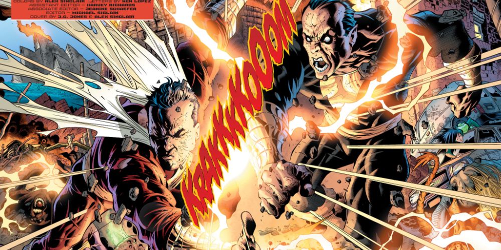 An enraged and overpowered Black Adam punches Shazam during battle