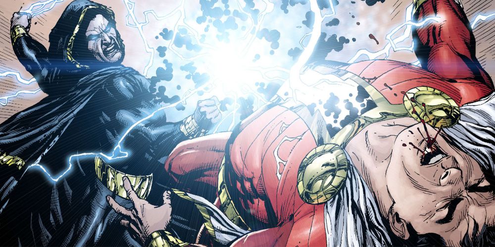 Black Adam summons electricity and strikes Shazam with a powerful blow