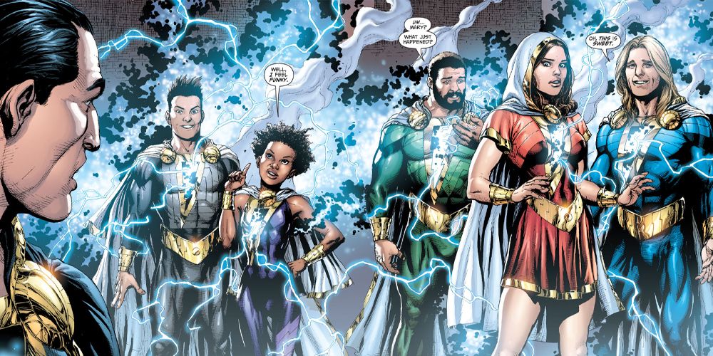 Black Adam is startled by the presence of the Shazam! Family