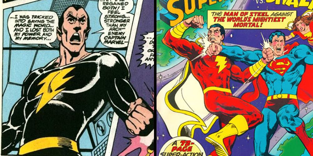 A split image of Black Adam boasting and of Superman fighting Shazam