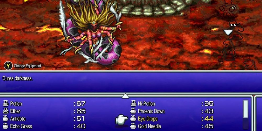 the player is engaged in a boss battle and is going to select eye drops in the menu