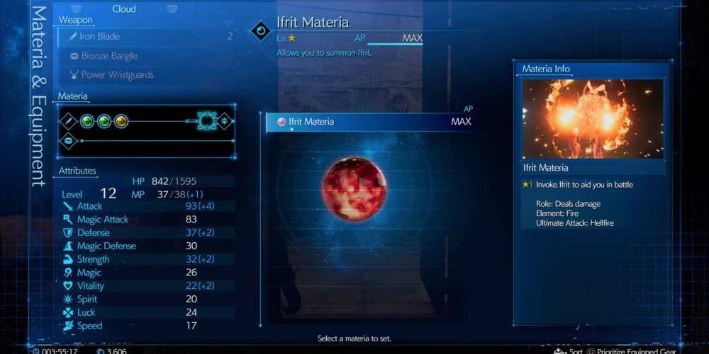 Ifrit Materia in the level up menu