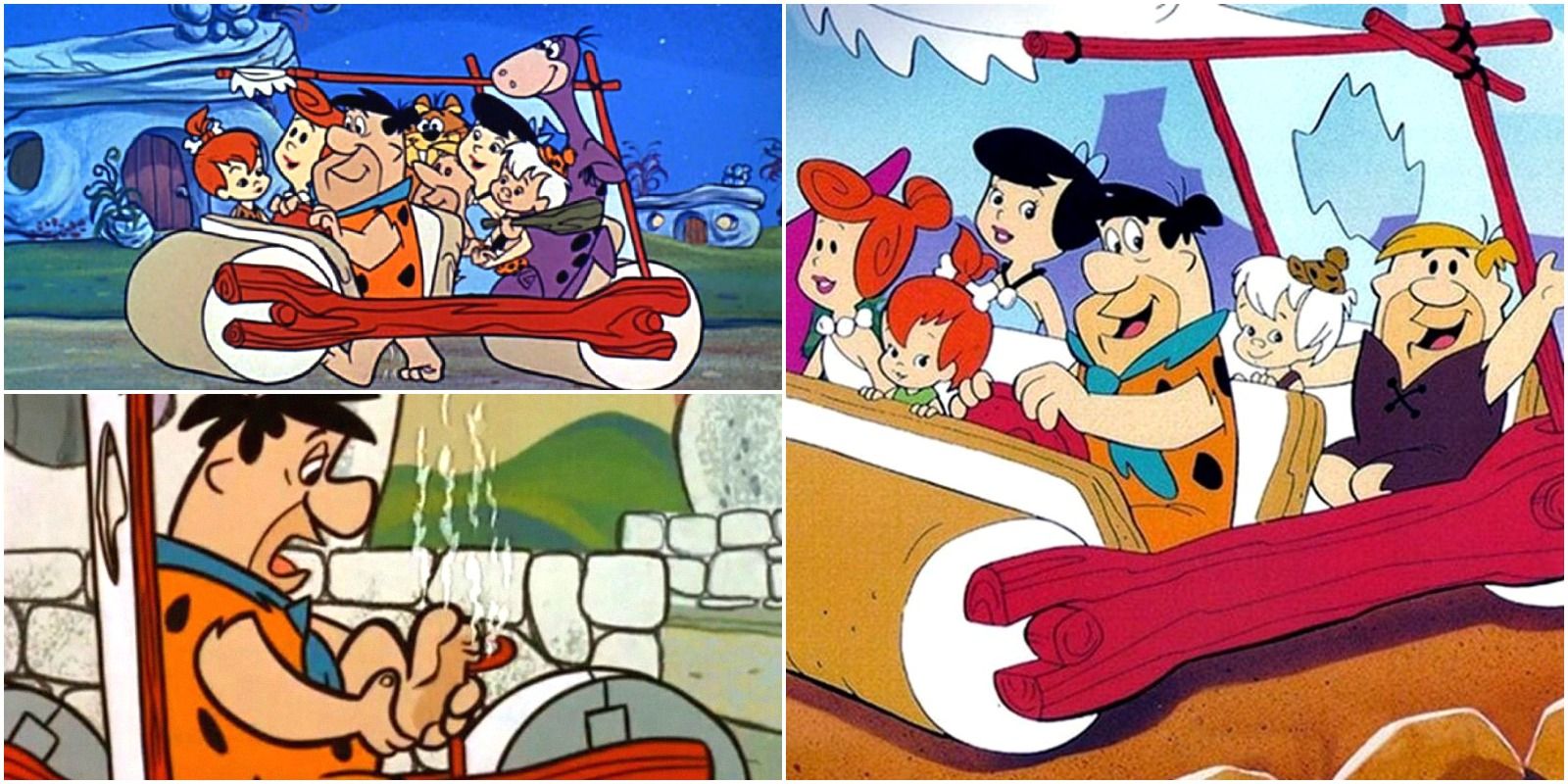 Fred Flintstone &quot;driving&quot; his car with his family from the '60s cartoon