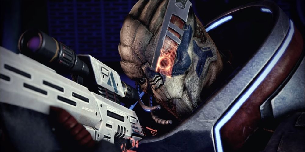 Garrus lines up a shot on Sidonis in Mass Effect 2