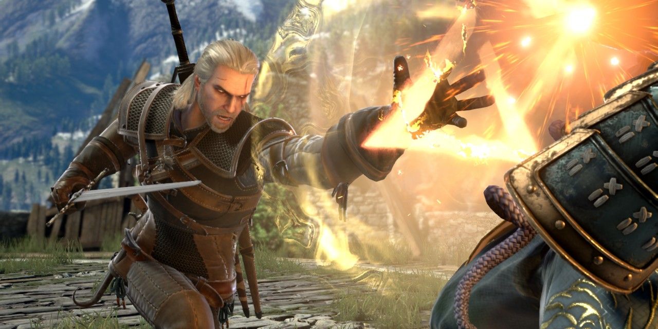 Geralt casts the Quen sign on an enemy in Witcher 3