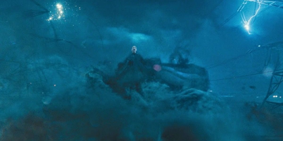 Voldemort flying in the middle of a storm in Harry Potter and the Deathly Hallows Part One