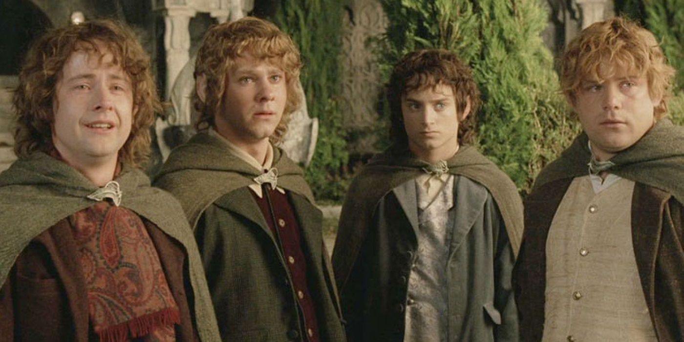 Os Hobbits do Senhor dos Anéis nos Portos Cinzentos antes da partida de Frodo