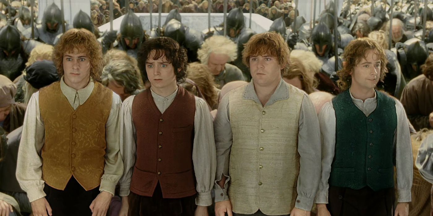 Merry, Frodo, Sam and Pippin should to shoulder in The Lord of the Rings