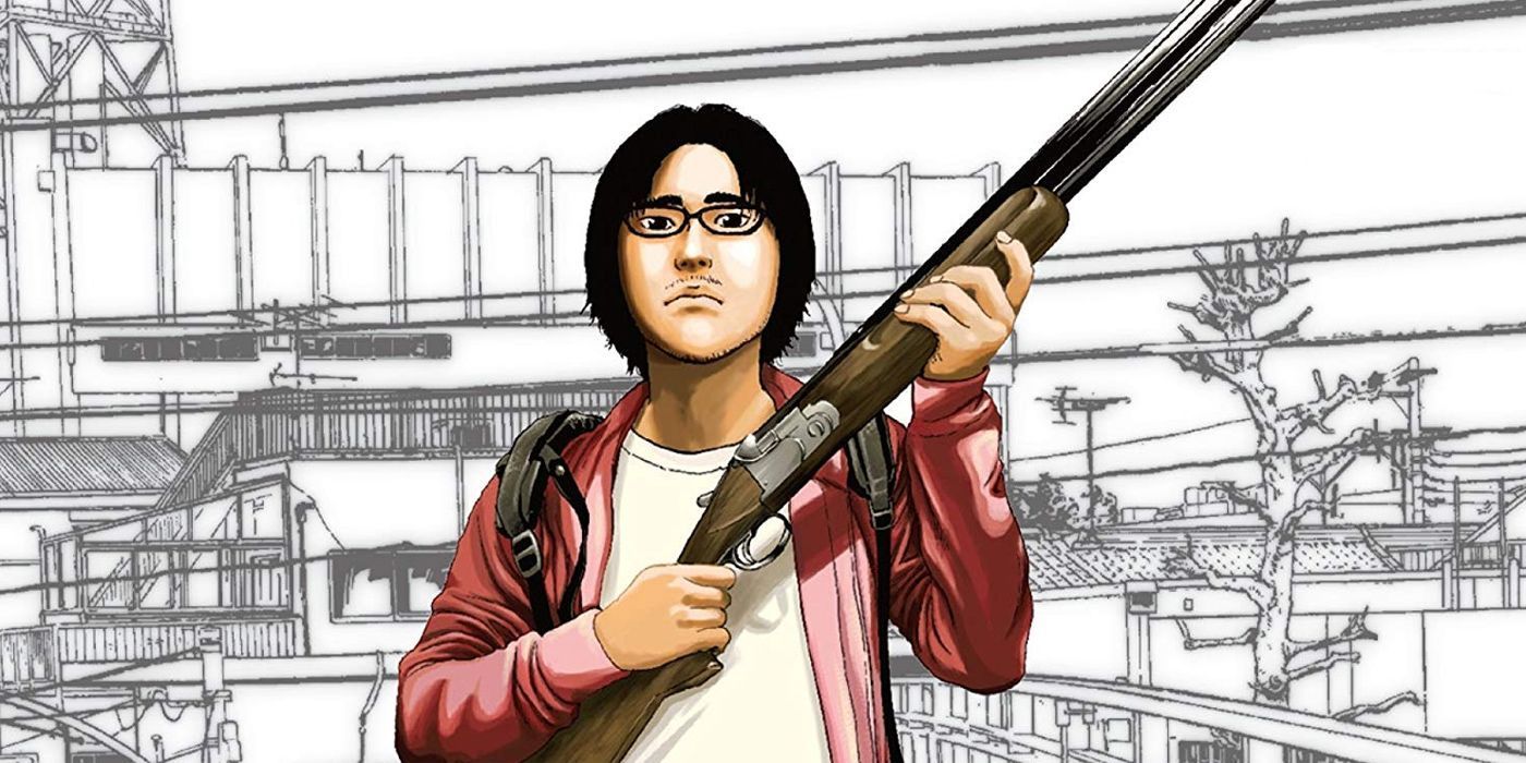 Hideo Suzuki, the protagonist of the I Am A Hero manga, holding a shotgun.