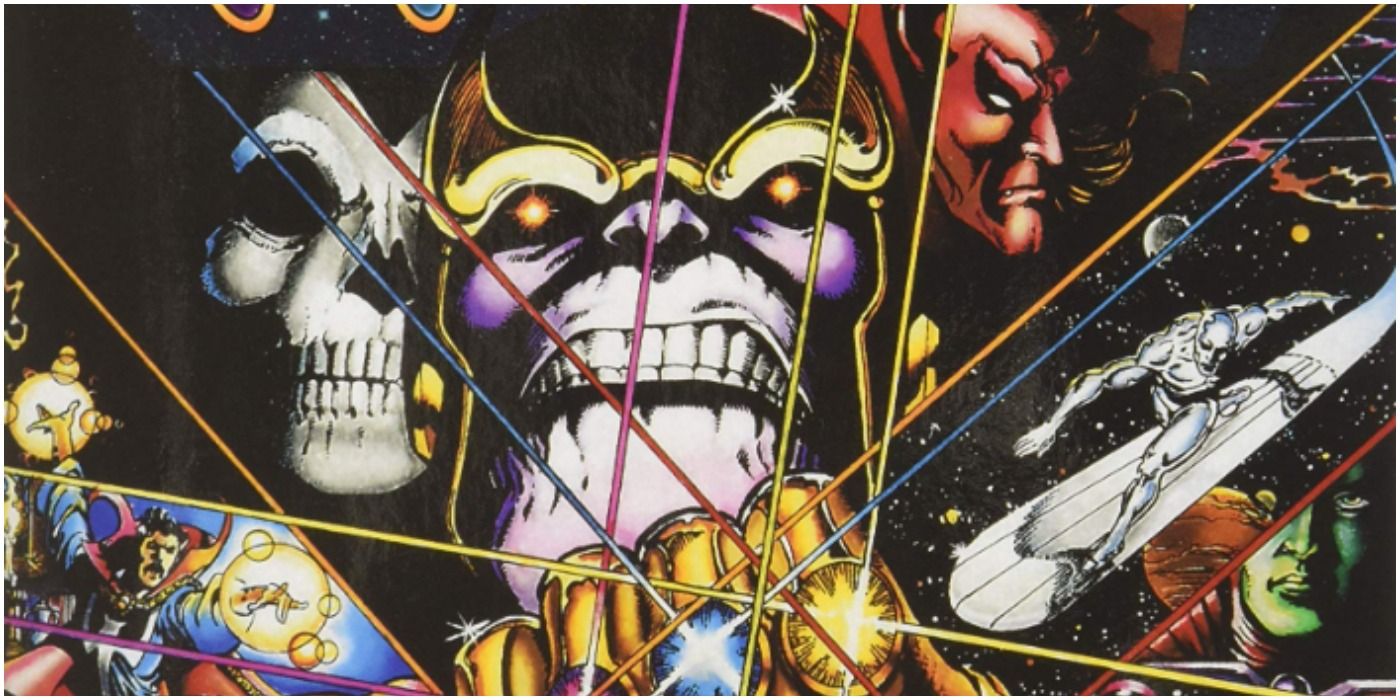 Thanos Looming Large With The Infinity Gauntlet, surrounded by foes in Marvel Comics
