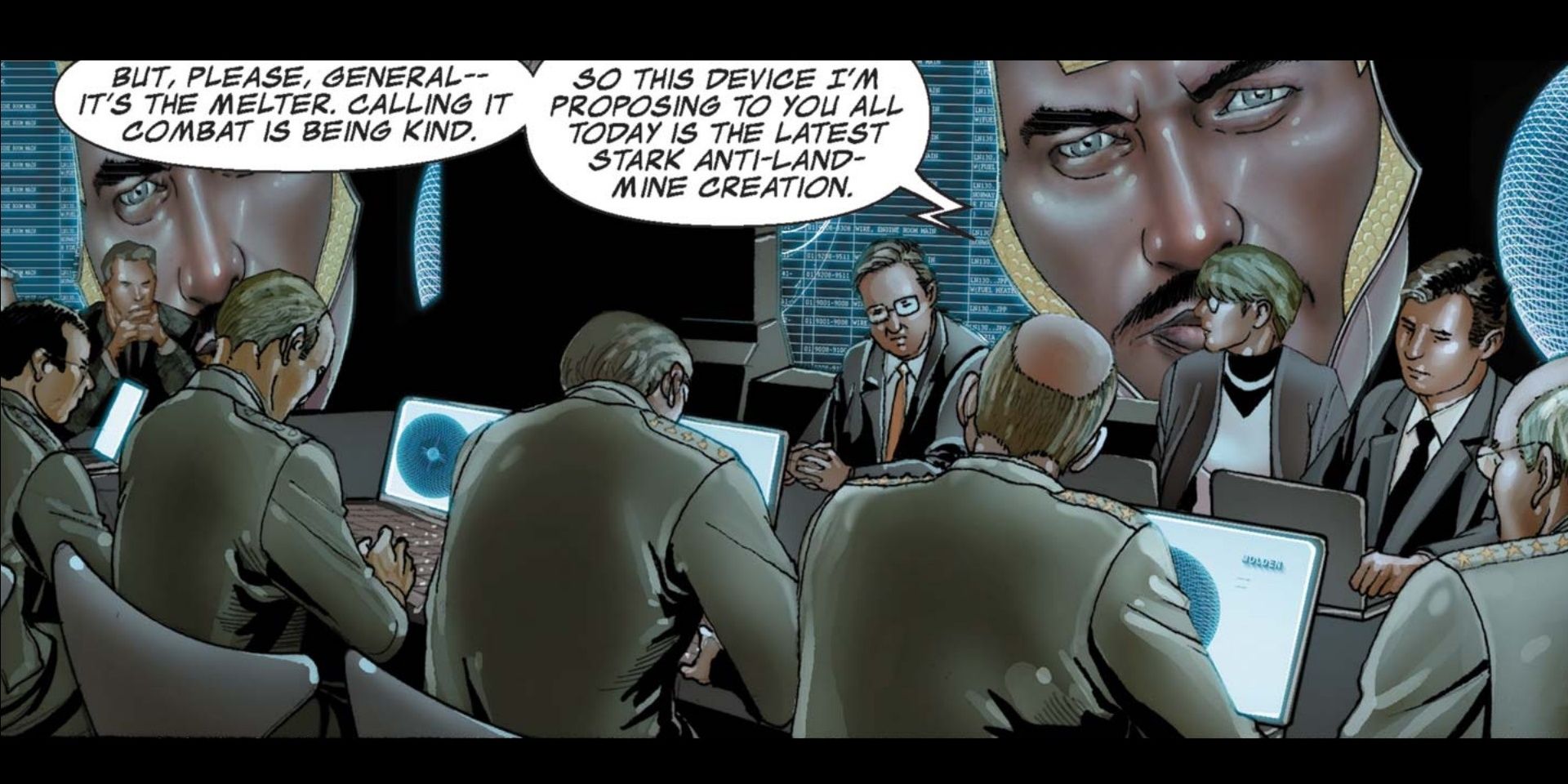 Iron Man talks to general while fighting the Melter