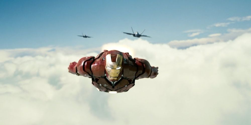 A pair of F-22 raptors attack Iron Man in Iron Man movie