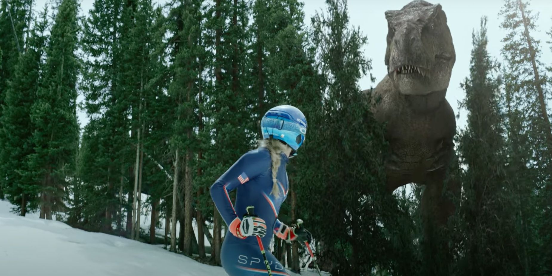 Mikaela Shiffrin and a T-Rex in the Jurassic Wolrd: Dominion Olympics promo