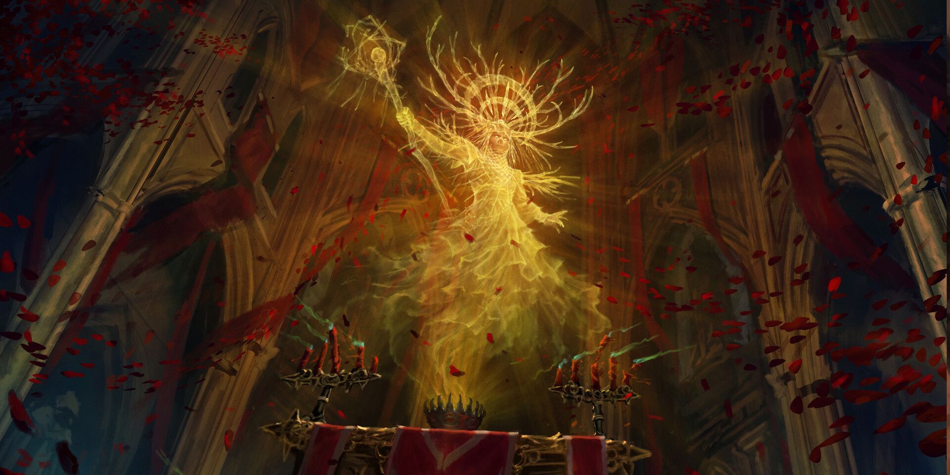 A golden apparition of the witch Katilda, appearing above a crimson altar.