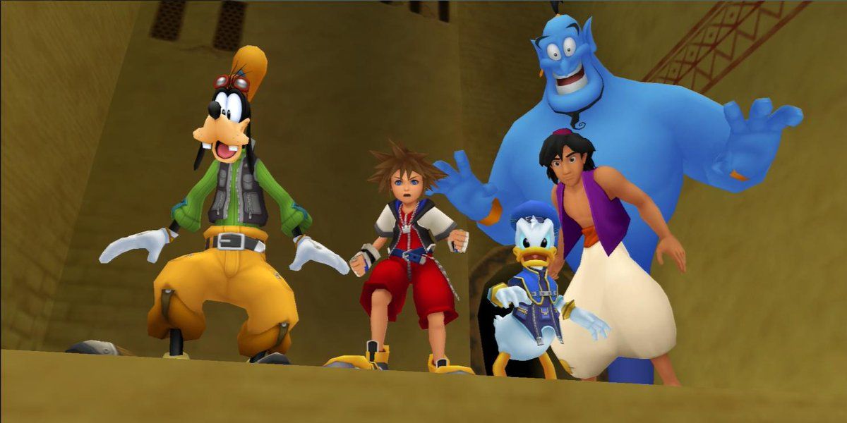 Goofy, Sora, Donald, Aladdin, and Genie