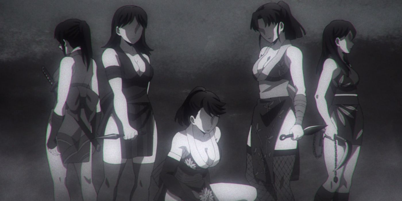 A monochrome image of Kunoichi ninjas lined up from Demon Slayer