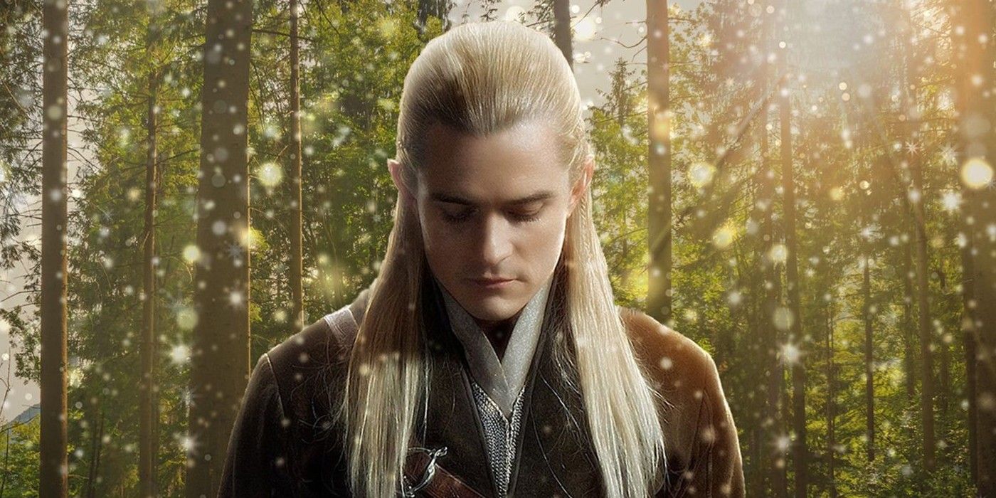 Legolas looking down amidst a dust mote-lit forest.