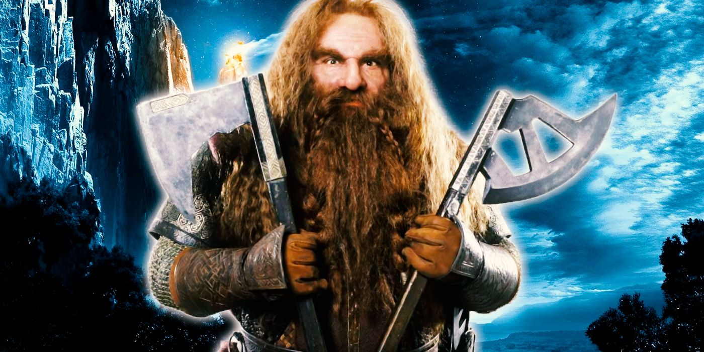Gimli holding two axes against a backdrop of Middle-earth