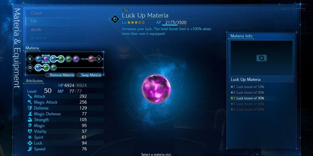 Luck Up Materia in the leveling system menu