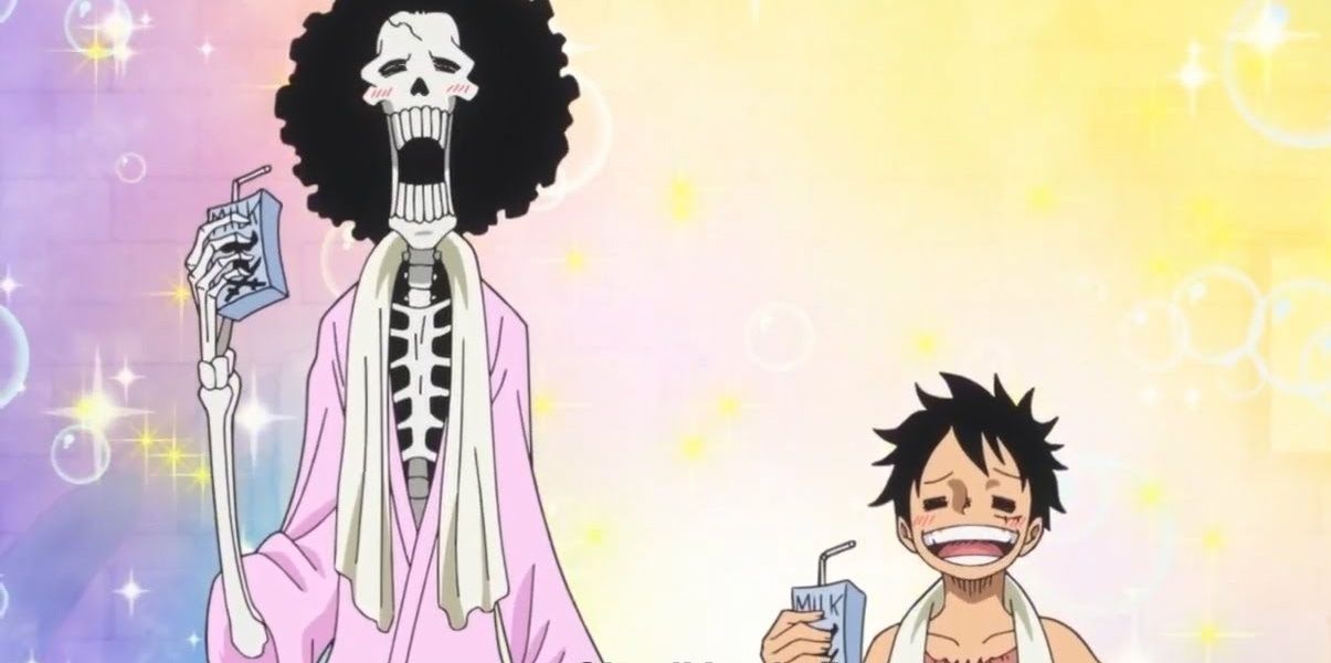 Luffy and Brook drink milk in One Piece