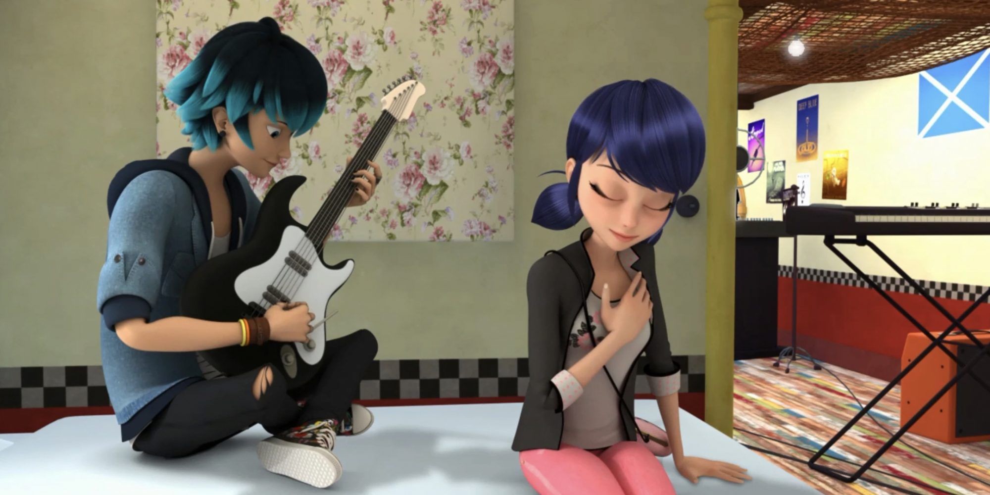 Luka plays his guitar while Marinette listens in Miraculous Ladybug