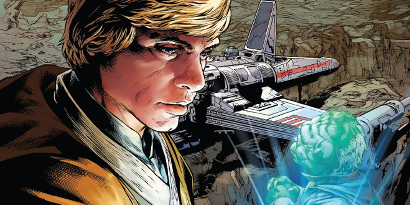 Luke Skywalker looks at a holocron recording of Jedi Master Yoda.