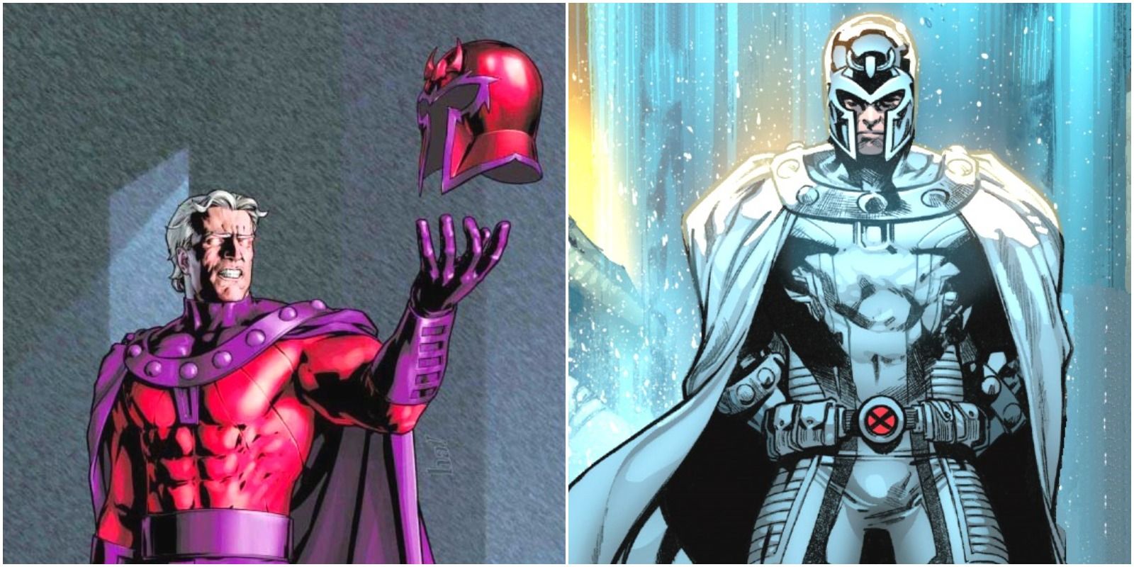 Magneto Holding His Helmet and Magneto on Krakoa with his white costume