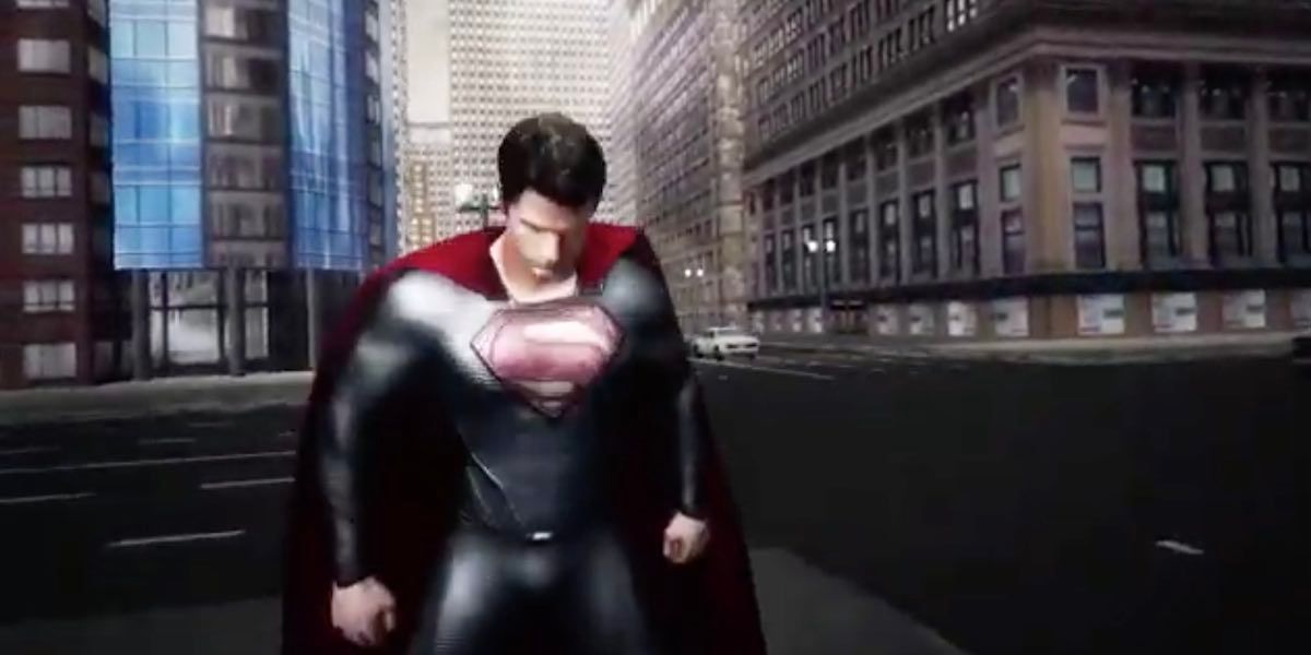 Superman standing in front of skyscrapers.
