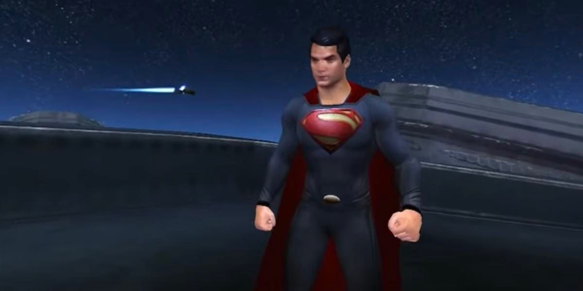Henry Cavill's Superman on the outside of a spaceship in Man of Steel iOS.